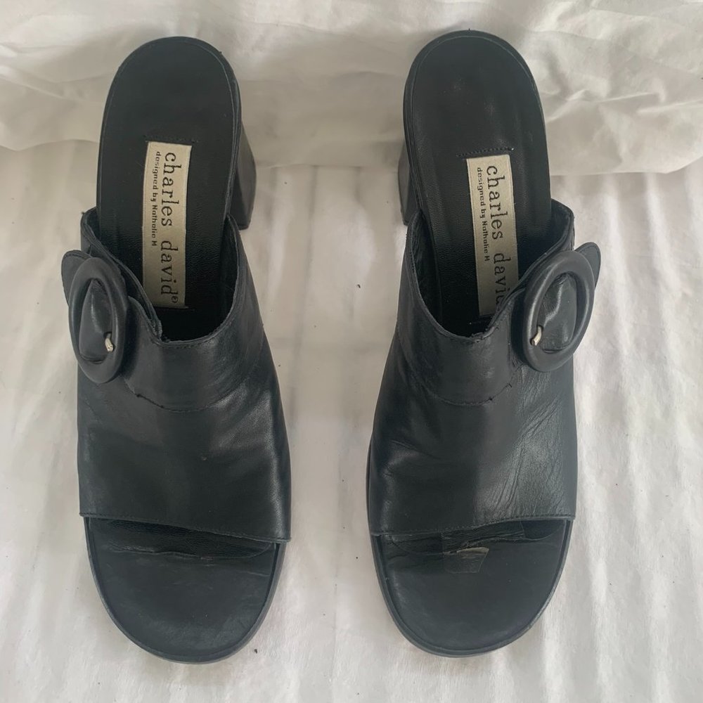 Charles David Black Leather Mules with Buckle Vintage Size 7.5